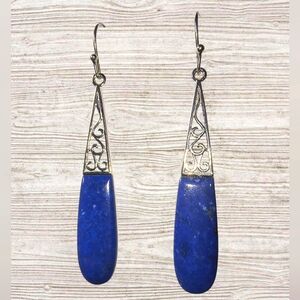 Natural Lapis Lazuli & Sterling Silver Long Teardrop Earrings Brand New
